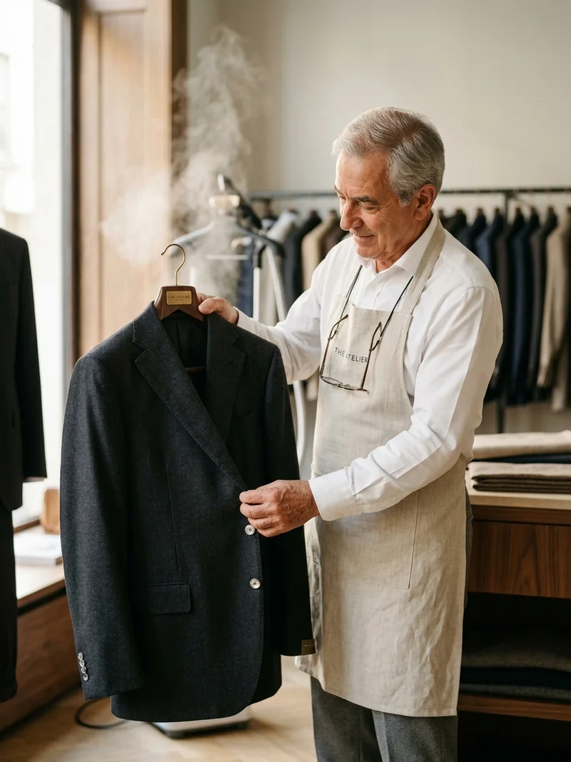 Professional dry cleaner carefully inspecting a tailored business suit