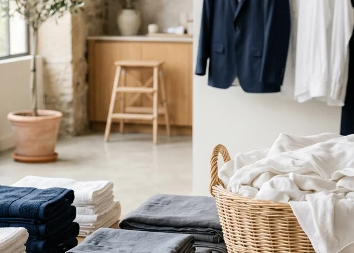 Neatly folded freshly laundered garments in basket