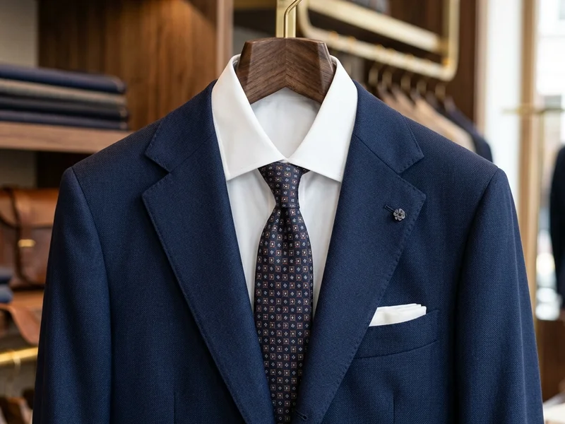 Professional cleaner inspecting premium navy suit jacket