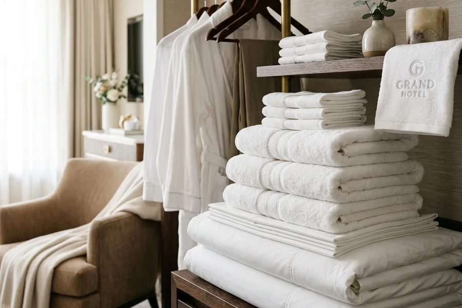 Freshly laundered bedding and textiles neatly stacked
