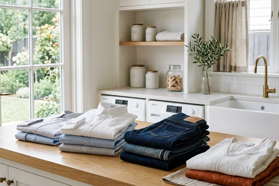 Neatly folded laundry garments in a clean boutique setting